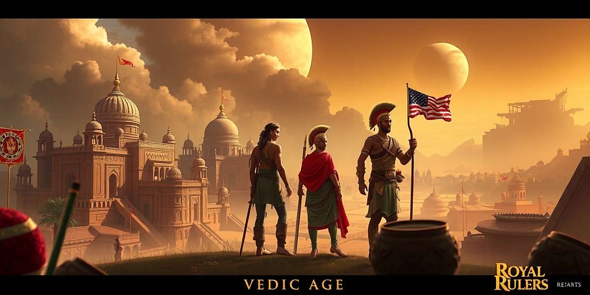 Royal Rulers Vedic Age Expansion Concept art for upcoming Royal Rulers Vedic Age expansion showing ancient Indian settlements and warriors